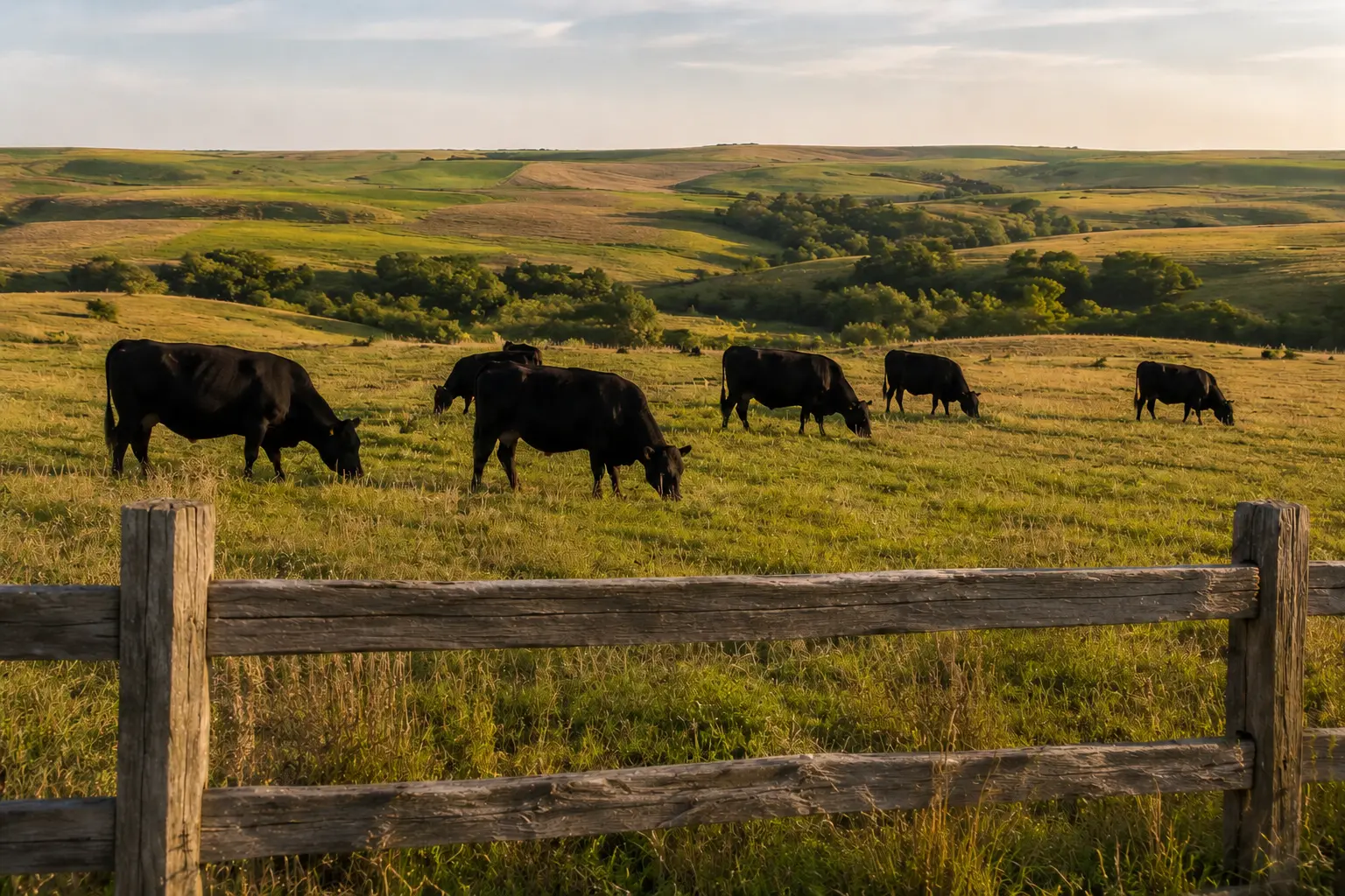Black Angus cattle grazing in a sunny Nebraska pasture