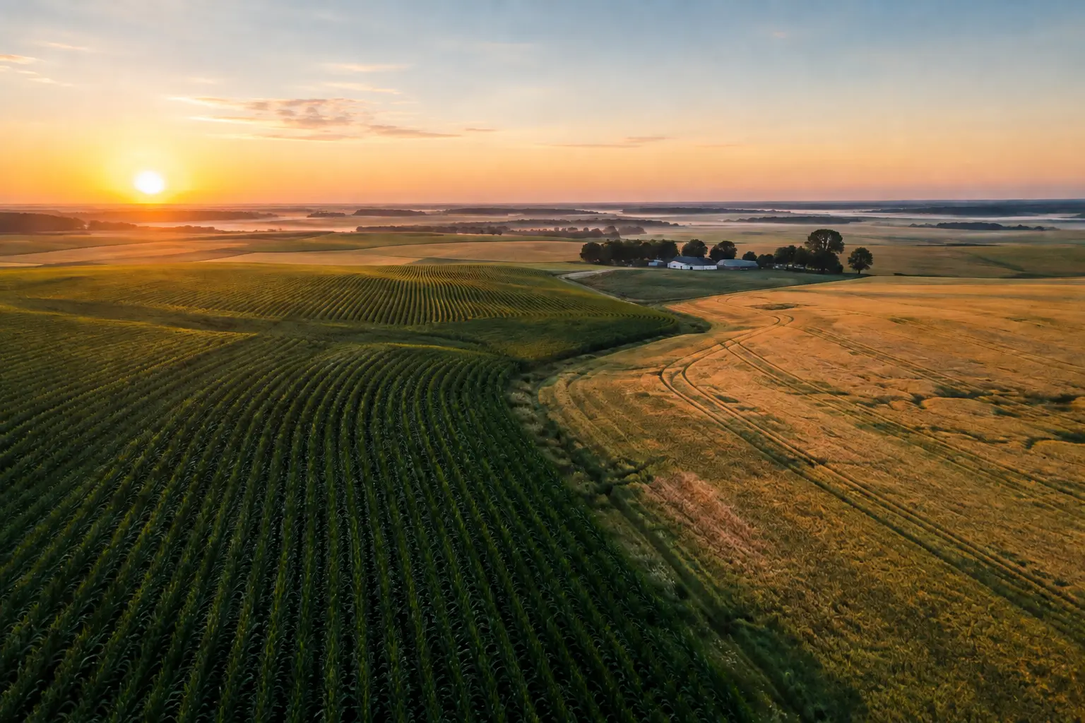 Nebraska crop rows stretching toward a distant farmstead