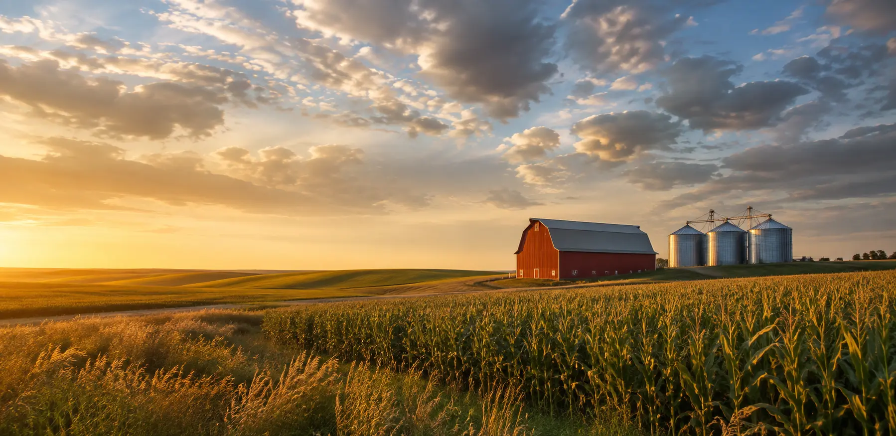 Nebraska farm buildings surrounded by fields at golden hour